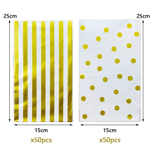 YANSHON Bolsas de Celofan Regalos Bolsas Regalos Cumpleaños 100pcs Bolsas Caramelos Bolsas Sobres de Comida Bolsas Dulce Bolsa de Confeti, Doradas con Lunares y Tiras Transparentes con Cierre Dorado