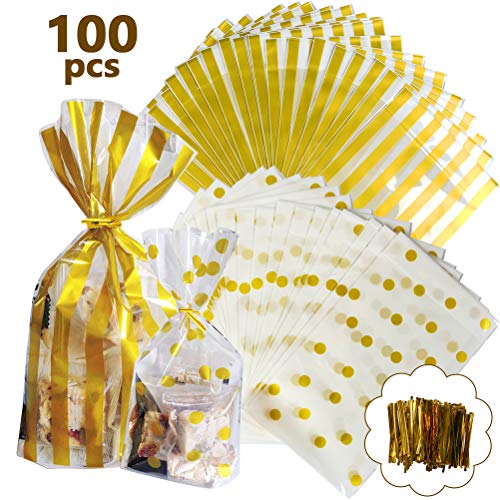YANSHON Bolsas de Celofan Regalos Bolsas Regalos Cumpleaños 100pcs Bolsas Caramelos Bolsas Sobres de Comida Bolsas Dulce Bolsa de Confeti, Doradas con Lunares y Tiras Transparentes con Cierre Dorado
