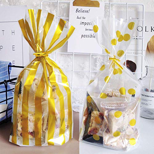 YANSHON Bolsas de Celofan Regalos Bolsas Regalos Cumpleaños 100pcs Bolsas Caramelos Bolsas Sobres de Comida Bolsas Dulce Bolsa de Confeti, Doradas con Lunares y Tiras Transparentes con Cierre Dorado