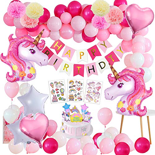 Yansion Unicornio Fiesta Decoración Unicornio cumpleaños Supplies,47 Piezas cumpleaños con 1 Banner,2 Enorme Unicornio Globos,30 Globos,6 Flores de Papel,Girls Boy Kids Fiesta de cumpleaños