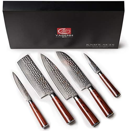 YARENH Juego de Cuchillos de Cocina 5 Piezas,Set Cuchillos Cocina Profesional de Acero Damasco Japones,Mango de Madera Pakka,Cuchillo de Chef Ultra Filoso HYZ-Serie