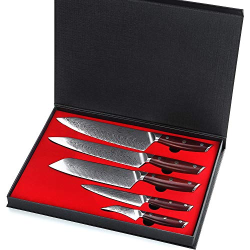YARENH Set Cuchillos Cocina Profesional 5 Piezas - Cuchillos de Cocina de Acero Damasco Japoneses - Mango de Madera Dalbergia - Juego de Cuchillo Japones KTF-Serie
