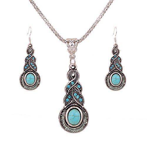 YAZILIND Regalo de la joyería de Plata tibetana de la Turquesa Encanto cristalino de la Mariposa del corazón Pendientes del Collar para la Mujer