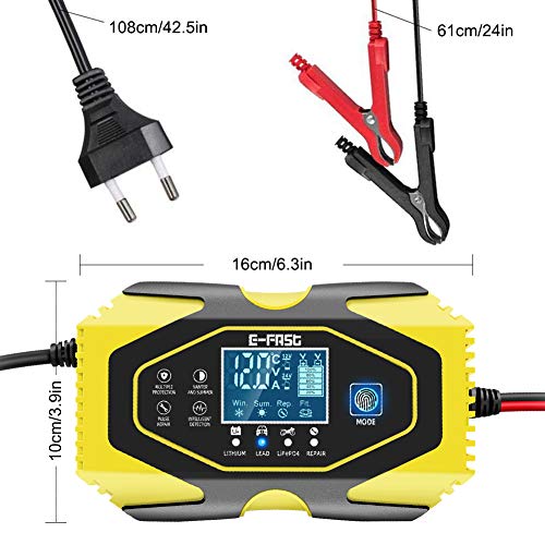 YDBAO Cargador de Baterías Coche Moto 6A 12V/24V con Múltiples Protecciones Automático Inteligente Mantenimiento Pantalla LCD para Batería de Litio Plomo-ácido LiFePO4