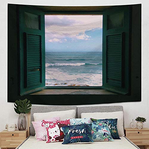 YDH Frente al mar Tapiz Mar Puesta de Sol Windows Tapiz Decoración del hogar Manta para Colgar en la Pared para la decoración del Dormitorio de la Sala de Estar (59X79 Pulgadas) (150X200Cm)