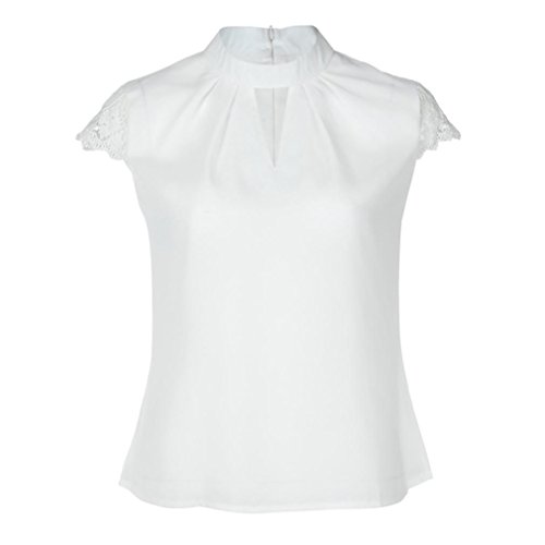 Yeamile Camiseta de Mujer Tops Suelto Blusa Causal Camisetas Ocasionales Blusa del Cordón Top del Empalme de Manga Corta Camisa Blanca de Gasa de Las Mujeres (Blanco, L)