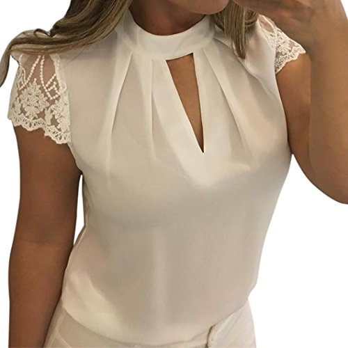 Yeamile Camiseta de Mujer Tops Suelto Blusa Causal Camisetas Ocasionales Blusa del Cordón Top del Empalme de Manga Corta Camisa Blanca de Gasa de Las Mujeres (Blanco, L)