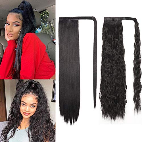 YEESHEDO Extensiones de pelo largo de color negro, con bolsillo largo, rizado y ondulado y recto, extensiones de pelo sintético para mujeres (24 pulgadas rizado + recto)