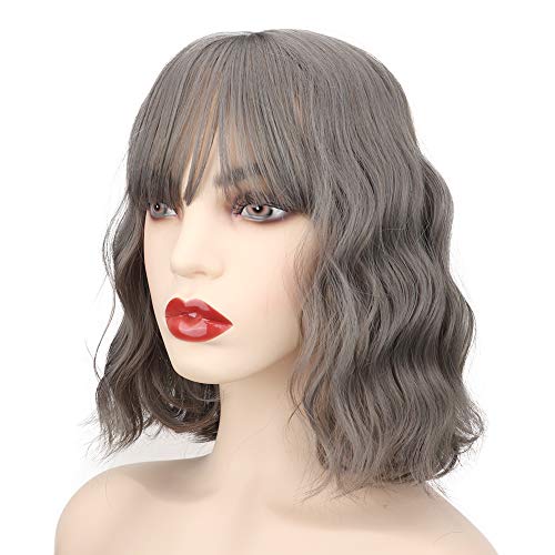 YEESHEDO Peluca corta ondulada gris para mujer, pelucas pelo natural ondulada sedosa para mujeres Niñas, Peluca de sintética fibra resistente al calor con flequillo natural cosplay 12"