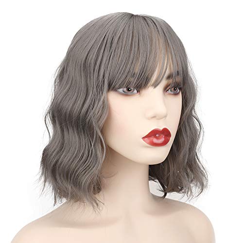 YEESHEDO Peluca corta ondulada gris para mujer, pelucas pelo natural ondulada sedosa para mujeres Niñas, Peluca de sintética fibra resistente al calor con flequillo natural cosplay 12"