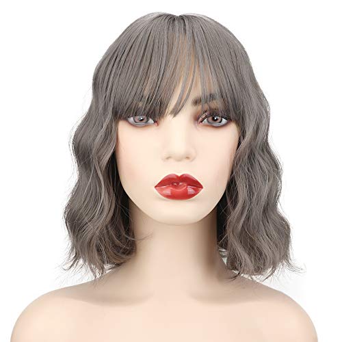 YEESHEDO Peluca corta ondulada gris para mujer, pelucas pelo natural ondulada sedosa para mujeres Niñas, Peluca de sintética fibra resistente al calor con flequillo natural cosplay 12"