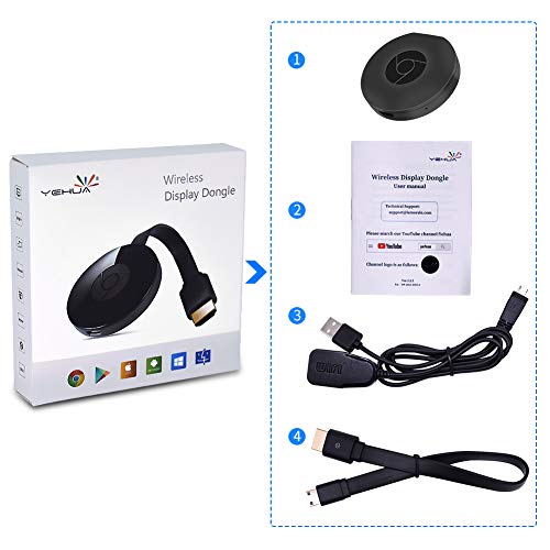 YEHUA Wireless HDMI Display Adapter Receiver Streaming Media Player Share Videos Audio Image Live Camera and Music from PC Phone to TV Monitor / Projector