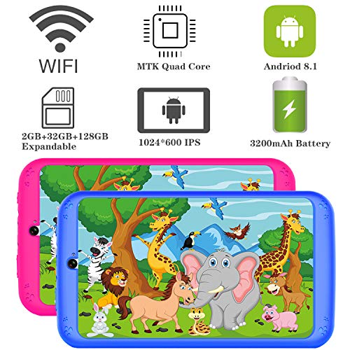 YESTEL Tablet para Niños 7 Pulgadas Android 8.1 Tableta Infantil y Quad Core 2GB RAM y 32GB ROM de WiFi y Bluetooth IPS HD 1024 * 600 Dual Camera Entertainment Education-Azul