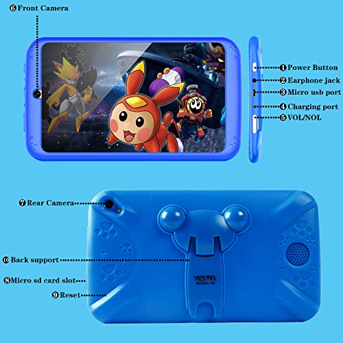 YESTEL Tablet para Niños 7 Pulgadas Android 8.1 Tableta Infantil y Quad Core 2GB RAM y 32GB ROM de WiFi y Bluetooth IPS HD 1024 * 600 Dual Camera Entertainment Education-Azul