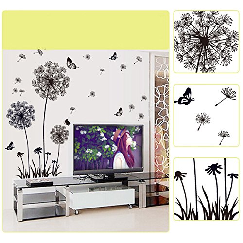 YESURPRISE Vinilo Decorativo Pegatina Pared Para Sala Dormitorio Diente De León Mariposas Color Negro