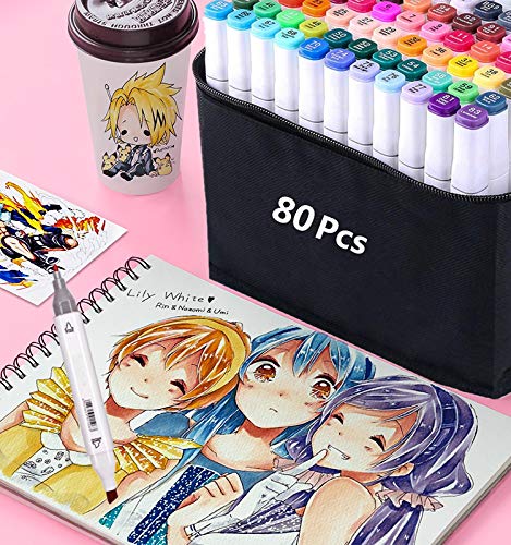 Yetech 80pcs Arte Dibujo Marcadores de Punta Doble Sketch Marker Set Rotuladores permanentes de doble punta con bolsa negra y paquete de regalo.