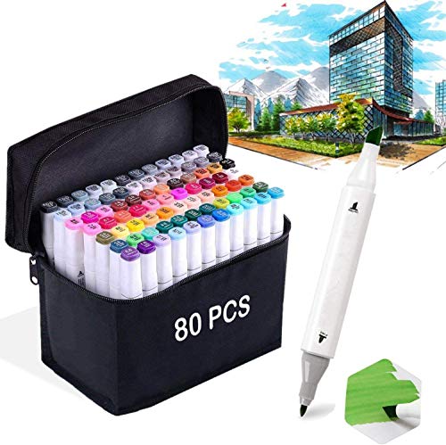 Yetech 80pcs Arte Dibujo Marcadores de Punta Doble Sketch Marker Set Rotuladores permanentes de doble punta con bolsa negra y paquete de regalo.