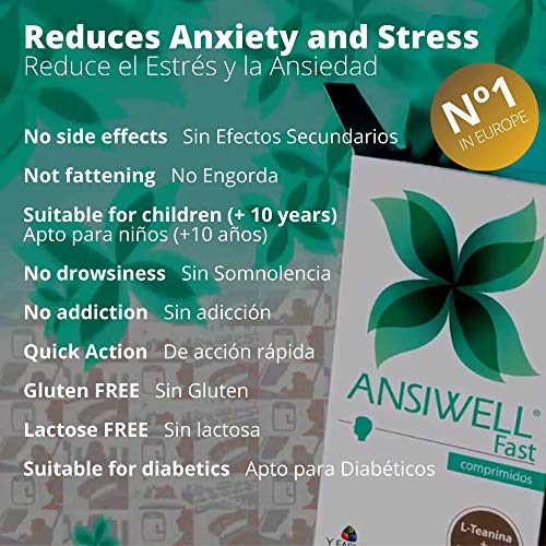 Yfarma ANSIWELL FAST Pastillas Ansiedad Estres Nervios Irritabilidad Cansancio Ansiedad Comida Dejar de Fumar, Ansioliticos Naturales de ACCION RAPIDA COMBATEN ANSIEDAD - con L Teanina, 30 Capsulas