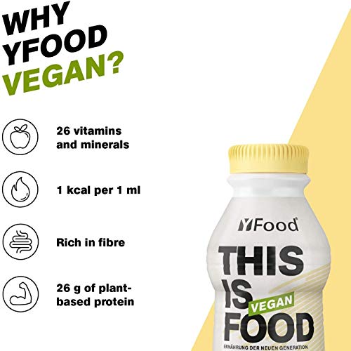 YFood Vegan Vanilla | Comida Lista Para Beber | Sustitutivo de comida | 26 g de proteína, 26 vitaminas y minerales | Bebida proteica a base de plantas | 12 x 500 ml (1 kcal/ml)
