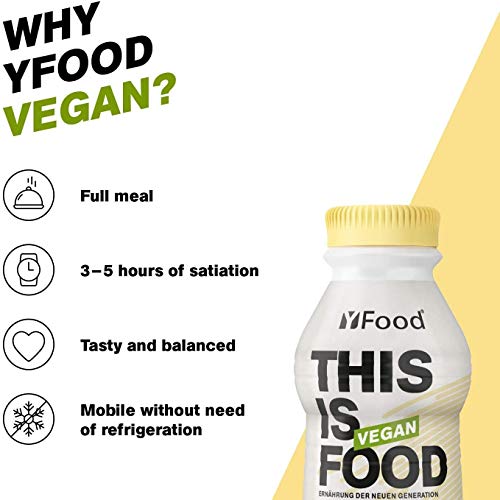 YFood Vegan Vanilla | Comida Lista Para Beber | Sustitutivo de comida | 26 g de proteína, 26 vitaminas y minerales | Bebida proteica a base de plantas | 12 x 500 ml (1 kcal/ml)