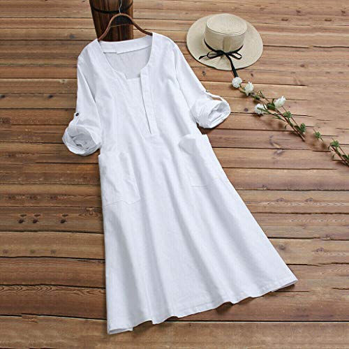 YGbuy-Moda Casual De Mujer Color SóLido con Cuello En V De Manga Larga Vestido De Camisa De AlgodóN con Bolsillo De LíNea SeñOras CóModa Camisa De Oficina Sudadera Deportiva Al Aire Libre