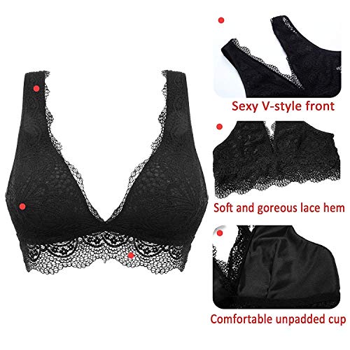 YIANNA Mujer Sujetador De Encaje sin Acolchado Sujetadores Push up Elasticidad Lace Bra Top Negro, UK-YA8336-Black-L