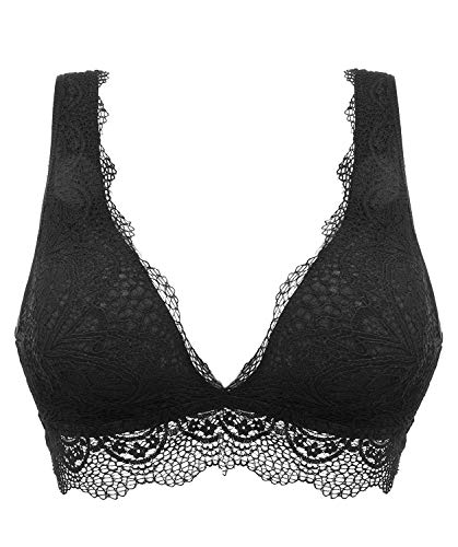 YIANNA Mujer Sujetador De Encaje sin Acolchado Sujetadores Push up Elasticidad Lace Bra Top Negro, UK-YA8336-Black-L