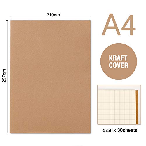 YILEEY Pack de 5 cuadernos, A4 Tapa de Kraft Blanda Cuadrícula 60 páginas, Libretas Grapadas Cuaderno de Notas para Despacho Diario Escritura de la Escuela Chicos Chicas y Maestros