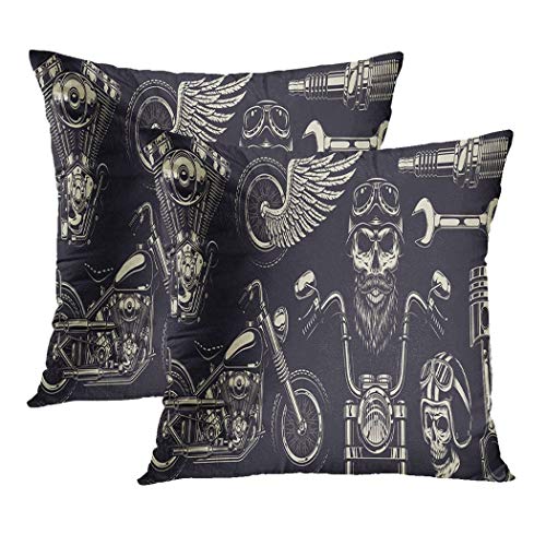 Y·JIANG - Funda de cojín vintage para motocicleta, diseño de calavera de motociclista, suave, de terciopelo, cuadrado, funda de cojín para sofá, silla, dormitorio, 40,4 x 40,6 cm, juego de 2