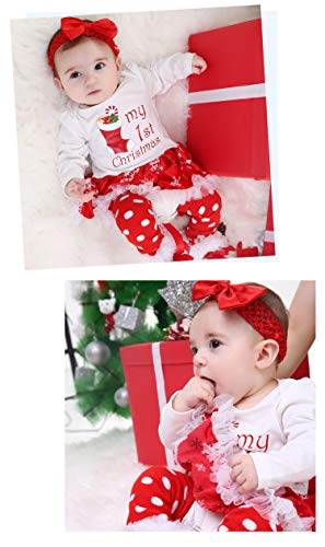 YK&loving - Set 4 Vestido Mangas Algodón de Dibujo Navidad + Calentador de Pierna Encaje + Zapatillas + Diadema para Fiesta Ceremonia Bebé Niña 3-6 Meses - M