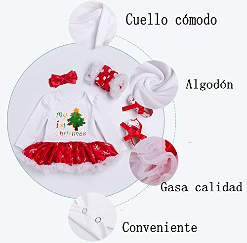 YK&loving - Set 4 Vestido Mangas Algodón de Dibujo Navidad + Calentador de Pierna Encaje + Zapatillas + Diadema para Fiesta Ceremonia Bebé Niña 3-6 Meses - M