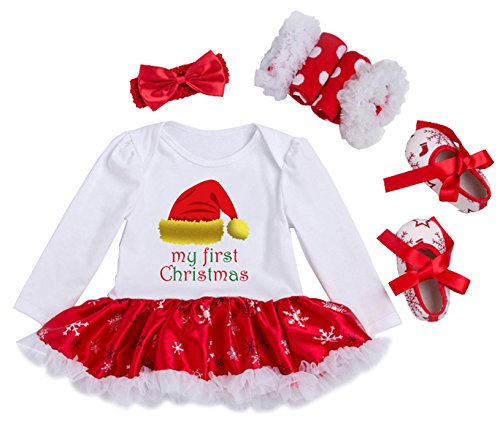 YK&loving - Set 4 Vestido Mangas Algodón de Dibujo Navidad + Calentador de Pierna Encaje + Zapatillas + Diadema para Fiesta Ceremonia Bebé Niña 3-6 Meses - M