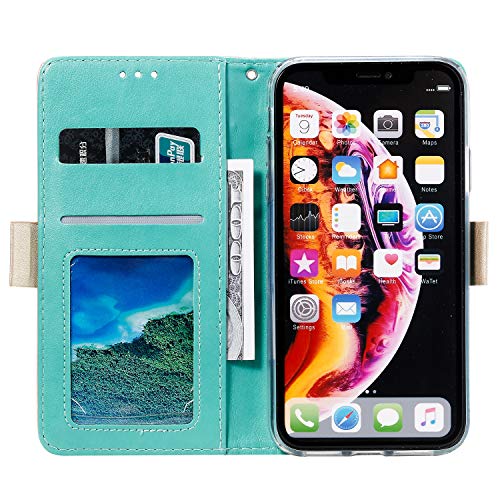YKTO Mujer Billetera Carcasa para iPhone XS MAX, Funda Cuero Cremallera de Multifuncional con Ranuras para Tarjetas,Función de Soporte,Cierre Magnético,Protección Completa Estuche Móvil,Verde