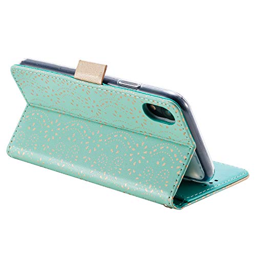 YKTO Mujer Billetera Carcasa para iPhone XS MAX, Funda Cuero Cremallera de Multifuncional con Ranuras para Tarjetas,Función de Soporte,Cierre Magnético,Protección Completa Estuche Móvil,Verde