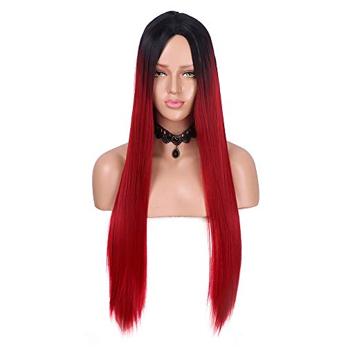 YMH PRIDE Pelucas rectas de color negro a rojo vino Ombre para mujeres Peluca de pelo sintético de parte media de aspecto natural (24 pulgadas)