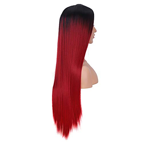 YMH PRIDE Pelucas rectas de color negro a rojo vino Ombre para mujeres Peluca de pelo sintético de parte media de aspecto natural (24 pulgadas)