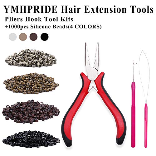 YMHPRIDE Kit de herramientas de extensión de cabello,1000 piezas de microanillos con revestimiento de silicona(4 color),alicates,aguja,herramienta de bucle,protector térmico,clips de acero inoxidable
