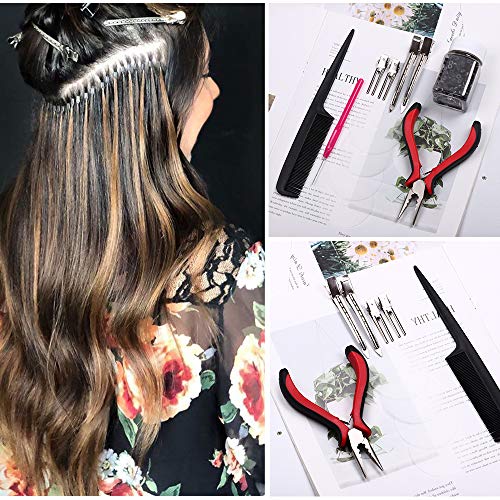 YMHPRIDE Kit de herramientas de extensión de cabello,1000 piezas de microanillos con revestimiento de silicona(4 color),alicates,aguja,herramienta de bucle,protector térmico,clips de acero inoxidable