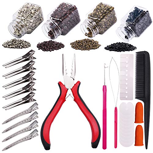 YMHPRIDE Kit de herramientas de extensión de cabello,1000 piezas de microanillos con revestimiento de silicona(4 color),alicates,aguja,herramienta de bucle,protector térmico,clips de acero inoxidable