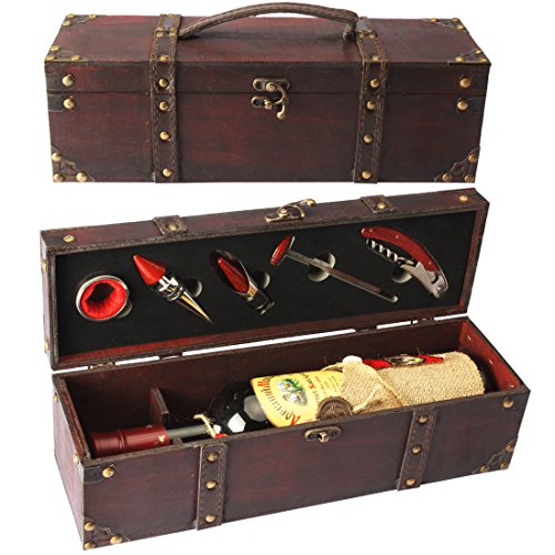 YOBANSA Cofre de madera antiguo caja de almacenamiento con asa, caja de botella de vino con juego de accesorios de vino, caja de regalo de vino de madera Tapón de vino (5set)
