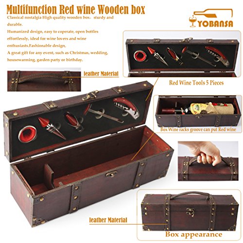 YOBANSA Cofre de madera antiguo caja de almacenamiento con asa, caja de botella de vino con juego de accesorios de vino, caja de regalo de vino de madera Tapón de vino (5set)