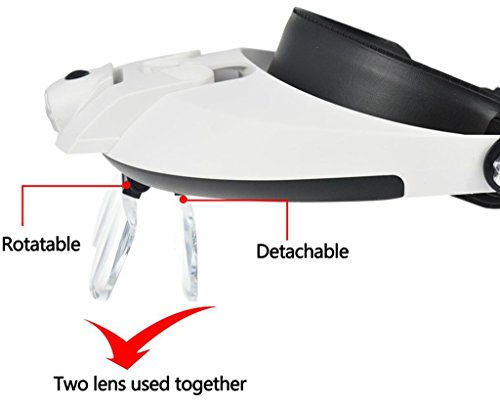 YOCTOSUN - Gafas manos libres con lente de aumento, banda para la cabeza y luz LED. Aumento de 1X a 3,5X con 6 lentes desmontables. Para leer, joyería, reparación de relojes, etc.