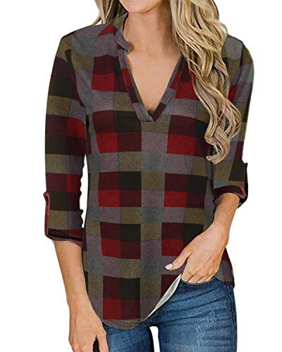 YOINS Blusa Mujer Manga Larga Camiseta Cuello V Camisa Elegante Túnica Casual SueltoTops Otoño Invierno Rojo M