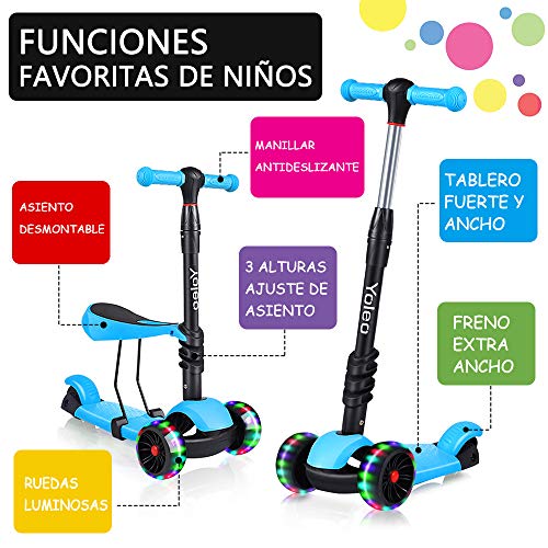 YOLEO Patinete para Niños 3-en-1, Scooter 3 Ruedas LED Parpadeantes, Scooter para Niños con Manillar Ajustable Asiento Extraíble de 2 a 8 años, Carga Máxima de 75 kg, Regalo para Niños (Azul)