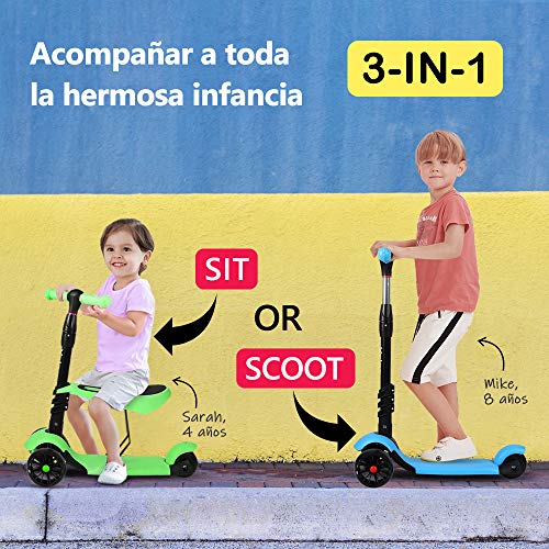 YOLEO Patinete para Niños 3-en-1, Scooter 3 Ruedas LED Parpadeantes, Scooter para Niños con Manillar Ajustable Asiento Extraíble de 2 a 8 años, Carga Máxima de 75 kg, Regalo para Niños (Azul)