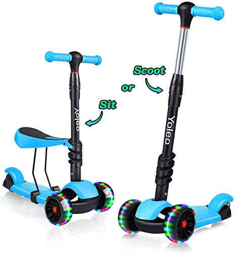 YOLEO Patinete para Niños 3-en-1, Scooter 3 Ruedas LED Parpadeantes, Scooter para Niños con Manillar Ajustable Asiento Extraíble de 2 a 8 años, Carga Máxima de 75 kg, Regalo para Niños (Azul)