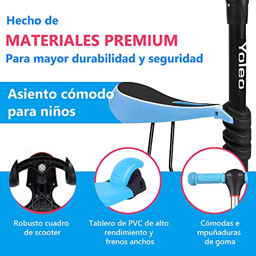 YOLEO Patinete para Niños 3-en-1, Scooter 3 Ruedas LED Parpadeantes, Scooter para Niños con Manillar Ajustable Asiento Extraíble de 2 a 8 años, Carga Máxima de 75 kg, Regalo para Niños (Azul)