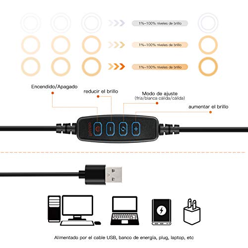 Yoozon Mini Anillo de Luz LED fotográfica de Escritorio, 3 Colores y 10 Brillos. Altura Ajustable con Soporte de teléfono para Selfie, Videoconferencia, Youtube Video, Maquillaje, Transmisión en vivo