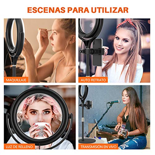Yoozon Mini Anillo de Luz LED fotográfica de Escritorio, 3 Colores y 10 Brillos. Altura Ajustable con Soporte de teléfono para Selfie, Videoconferencia, Youtube Video, Maquillaje, Transmisión en vivo