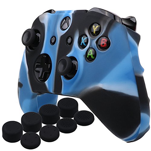 YoRHa silicona caso piel Fundas protectores cubierta para Microsoft Xbox One X y Xbox One S Mando x 1 (Camuflaje azul) Con Pro los puños pulgar thumb grips x 8